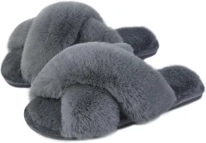 Cozyfurry Womens Cross Band Slippers Cozy Furry Fuzzy House Slippers Open Toe Fluffy Indoor Shoes Outdoor Slip on Warm Breathable Anti-skid Sole