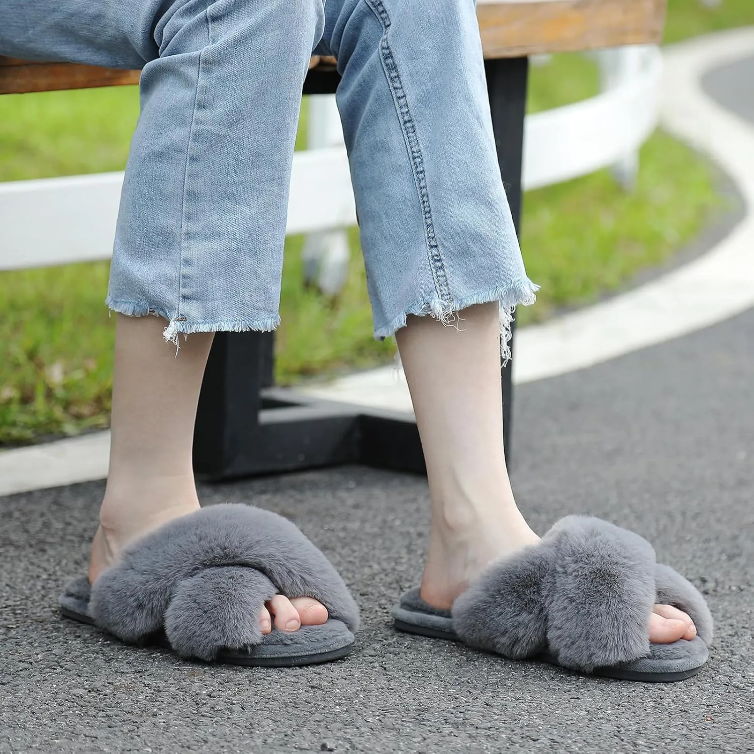 Cozyfurry Womens Cross Band Slippers Cozy Furry Fuzzy House Slippers Open Toe Fluffy Indoor Shoes Outdoor Slip on Warm Breathable Anti-skid Sole
