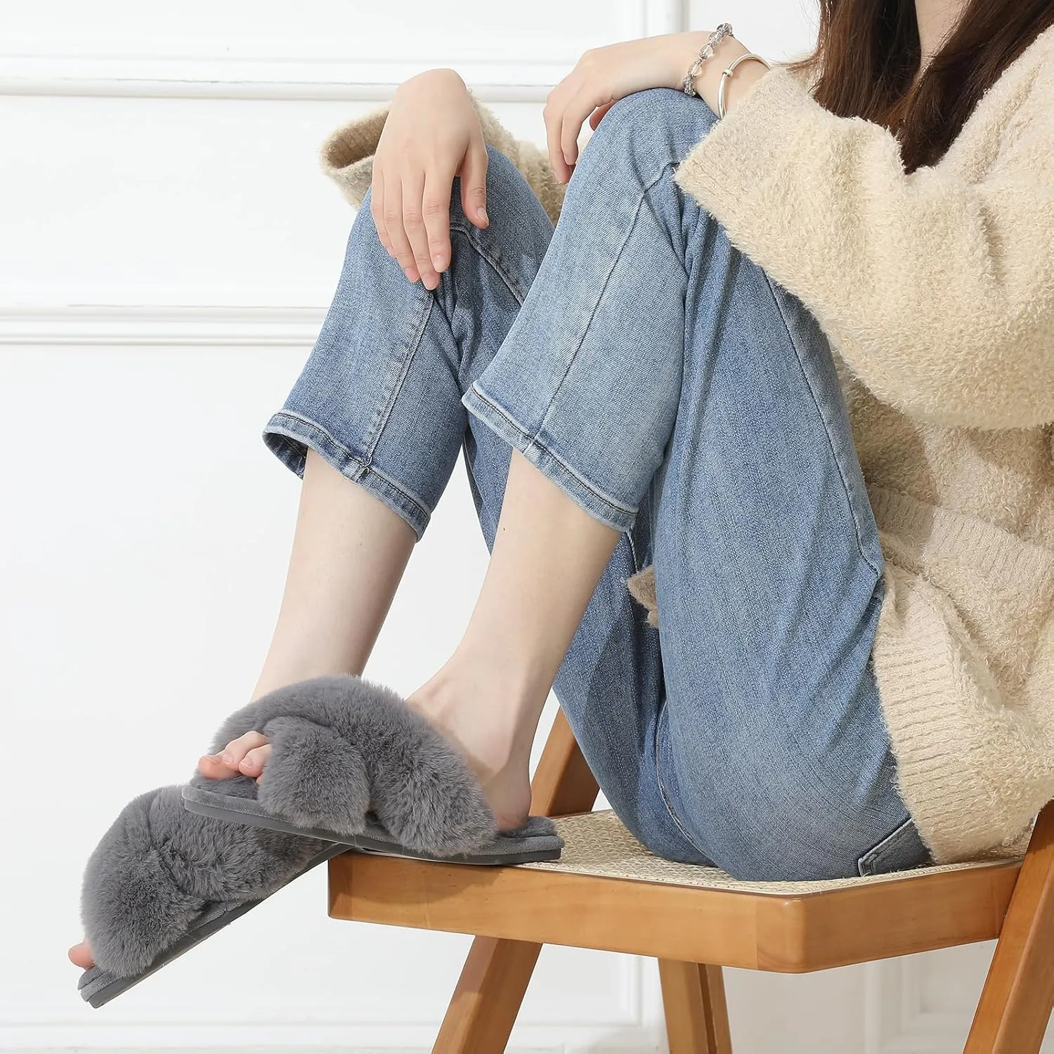 Cozyfurry Womens Cross Band Slippers Cozy Furry Fuzzy House Slippers Open Toe Fluffy Indoor Shoes Outdoor Slip on Warm Breathable Anti-skid Sole