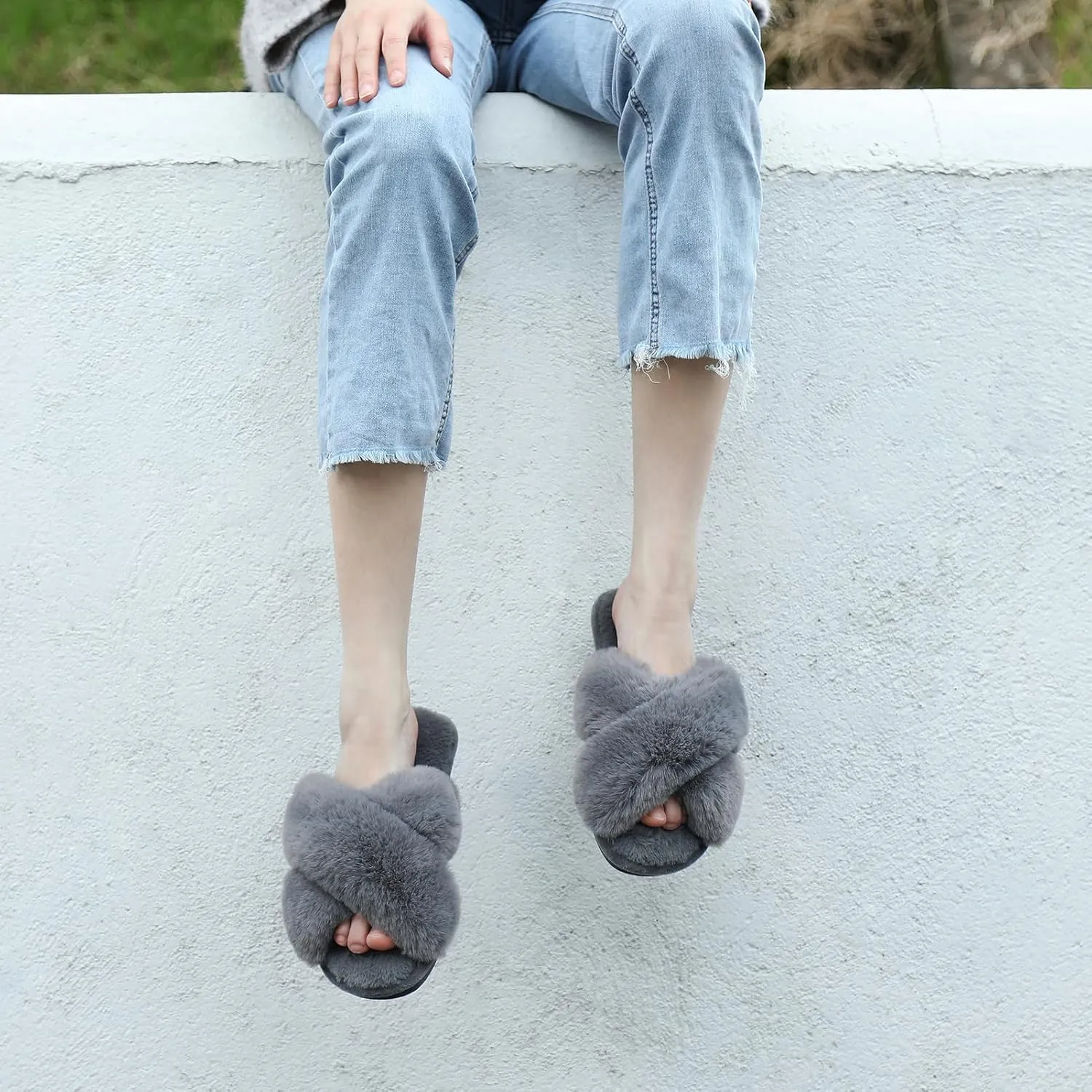 Cozyfurry Womens Cross Band Slippers Cozy Furry Fuzzy House Slippers Open Toe Fluffy Indoor Shoes Outdoor Slip on Warm Breathable Anti-skid Sole
