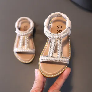 Elegant Pearl Rhinestone Party Princess Sandals for Little Girls