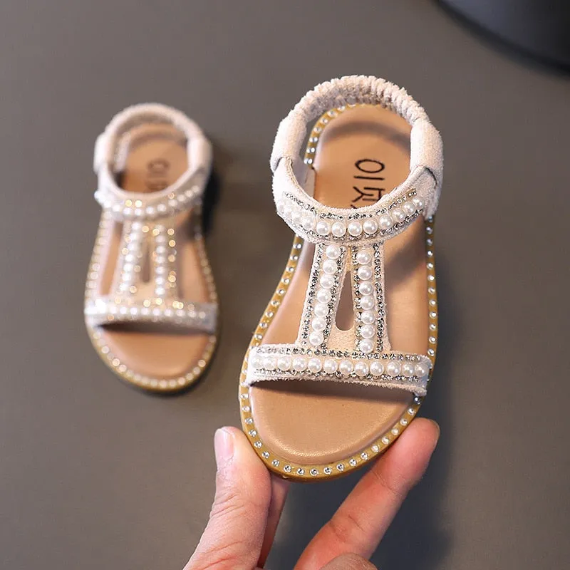 Elegant Pearl Rhinestone Party Princess Sandals for Little Girls