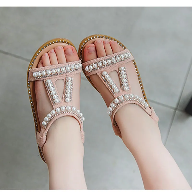 Elegant Pearl Rhinestone Party Princess Sandals for Little Girls