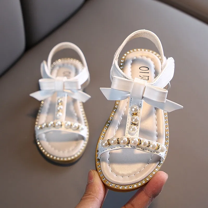 Elegant Pearl Rhinestone Party Princess Sandals for Little Girls