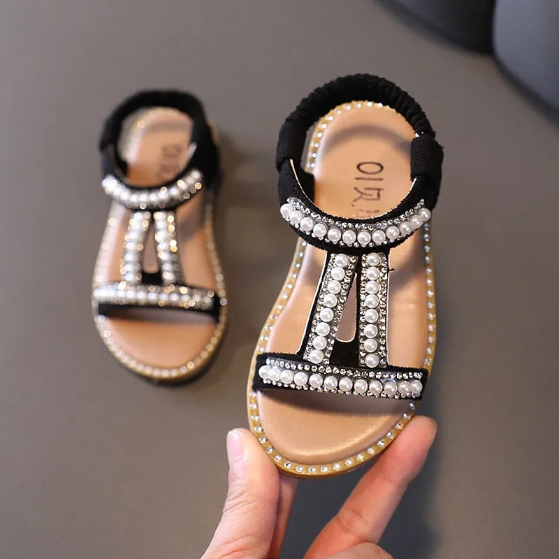Elegant Pearl Rhinestone Party Princess Sandals for Little Girls