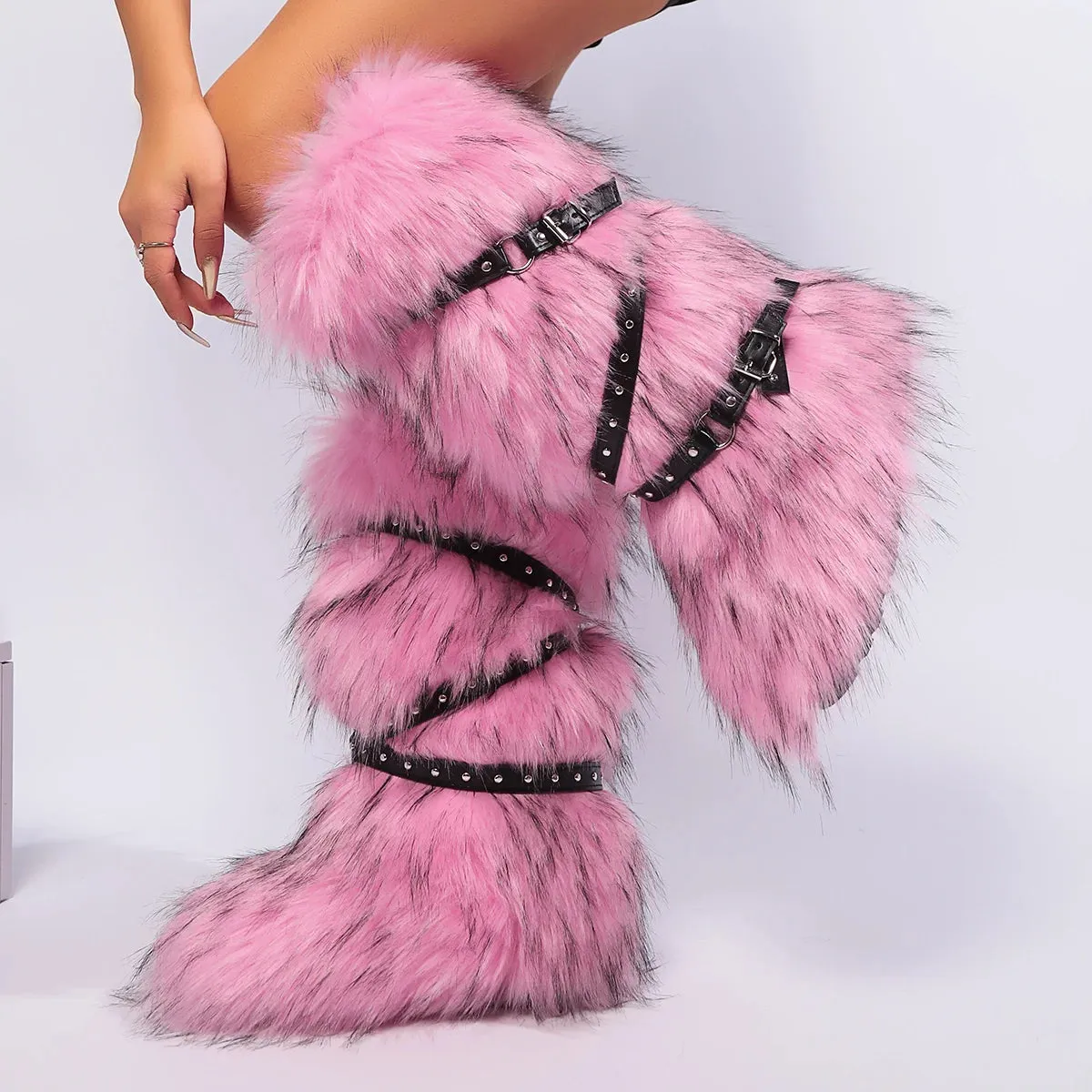 Women’s Winter Raccoon Fur Snow Boots - Y2K Cool Pink Mid-Leg Outdoor Fur Shoes, Stylish One-Piece Design